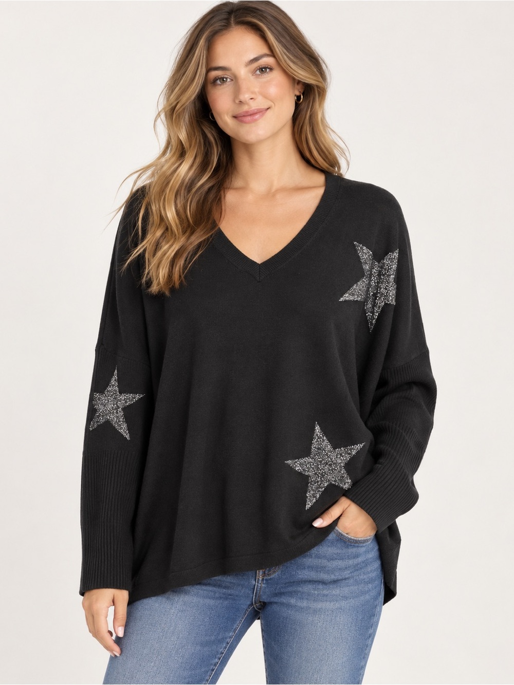 DKNY Women’s Black Oversized V-Neck Star Sweater Size M